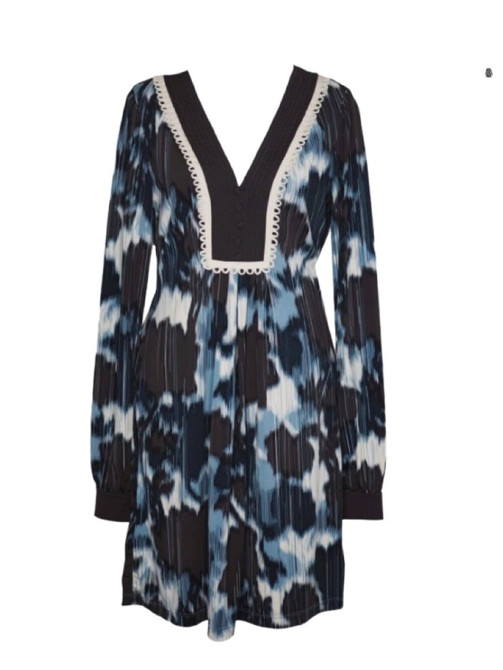 BCBGMaxazria Blue Brown Ikat Print Babydoll Dress, NWT, M